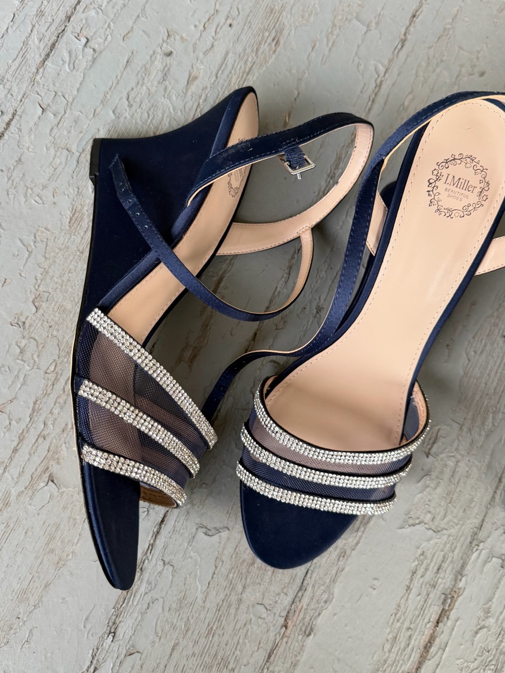 Miller Navy Blue Rhinestone Strap Wedge Sandals Size 9.5M Evening Prom. Like new